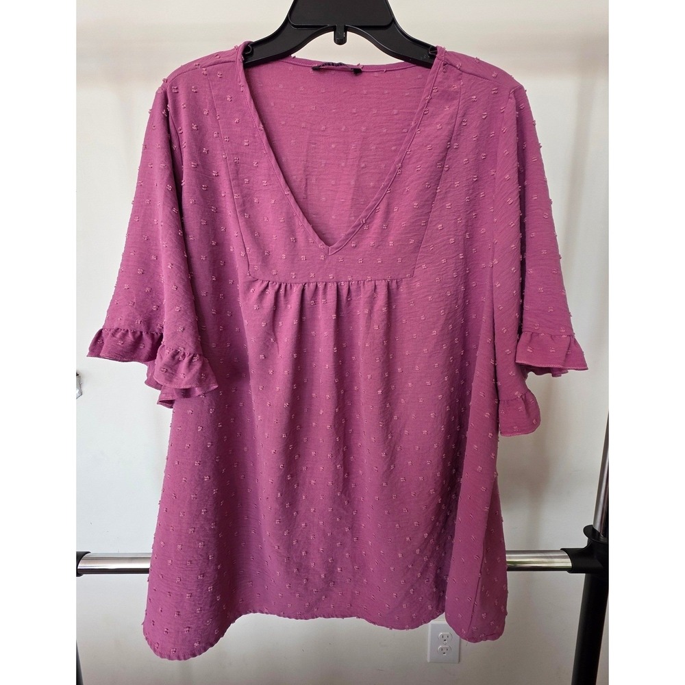 Women's Plus sz 18-20 BLOOMCHIC Pink Textured V Neck Ruffle Sleeve Tunic Top